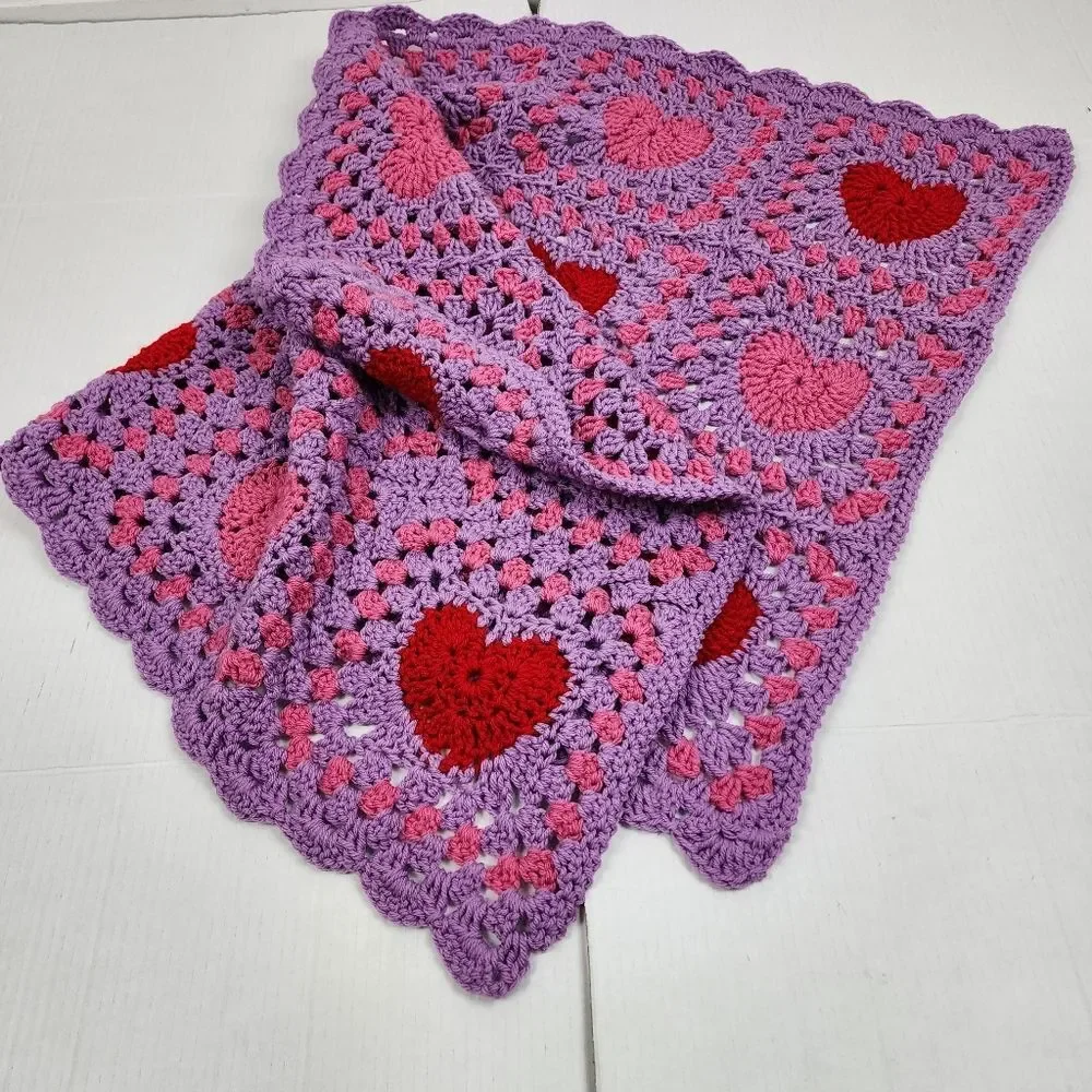 New Heart Crochet Lap Blanket Handmade Pink Red & Purple Granny Square